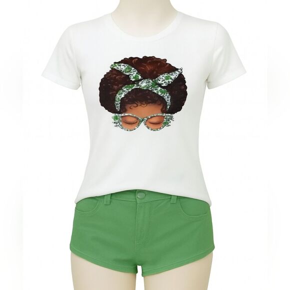 St Patrick Day Shamrock, Afro Messy Bun Custom Made T-Shirt - NWT - Picture 2 of 7